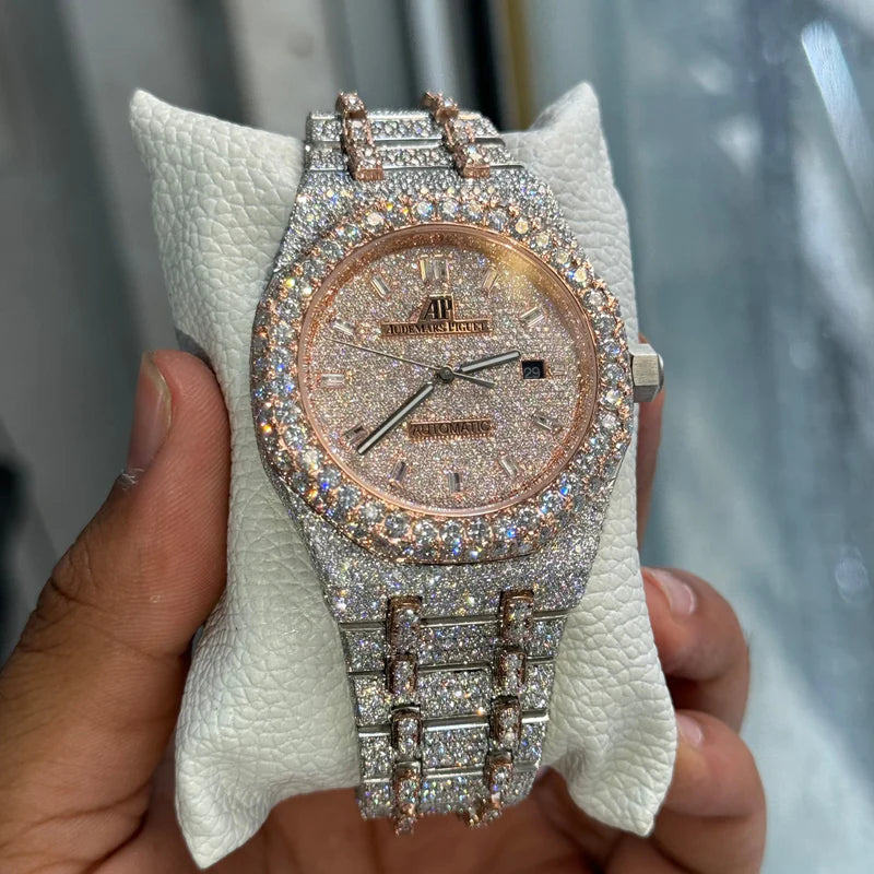 Iced-out moissanite watch on wrist
