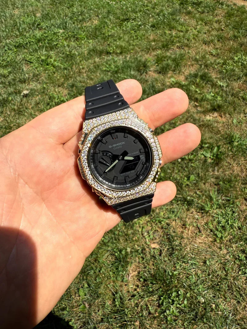 Iced-out gold moissanite watch